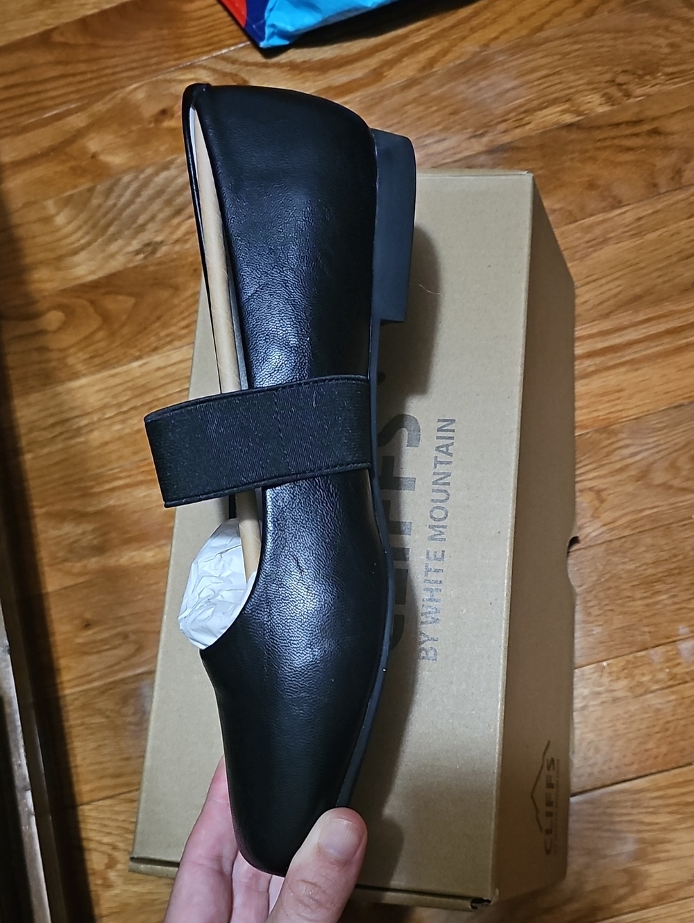 Cliffs by WHITE MOUNTAIN Black Leather Mary Jane Flat with Elastic Strap